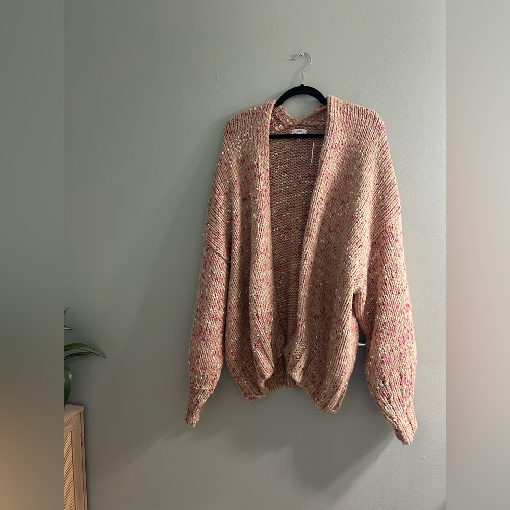 Chunky Knit Open Cardigan Sweater - Pink Speckle